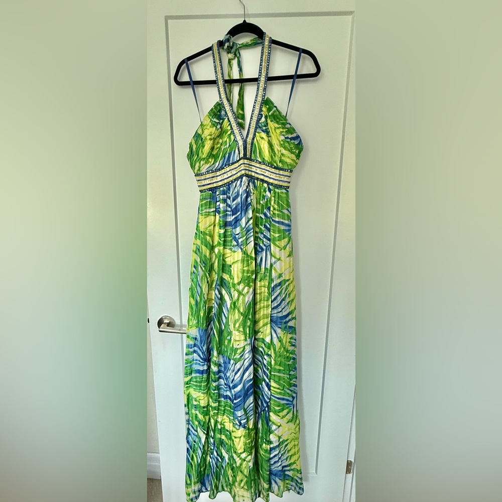 BCBG Green and Blue Halter Maxi Dress
